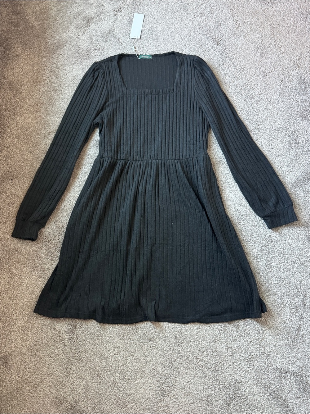 Ofeefan Black Ribbed Long Sleeve Skater Dress SIZE XL Square Neck Casual